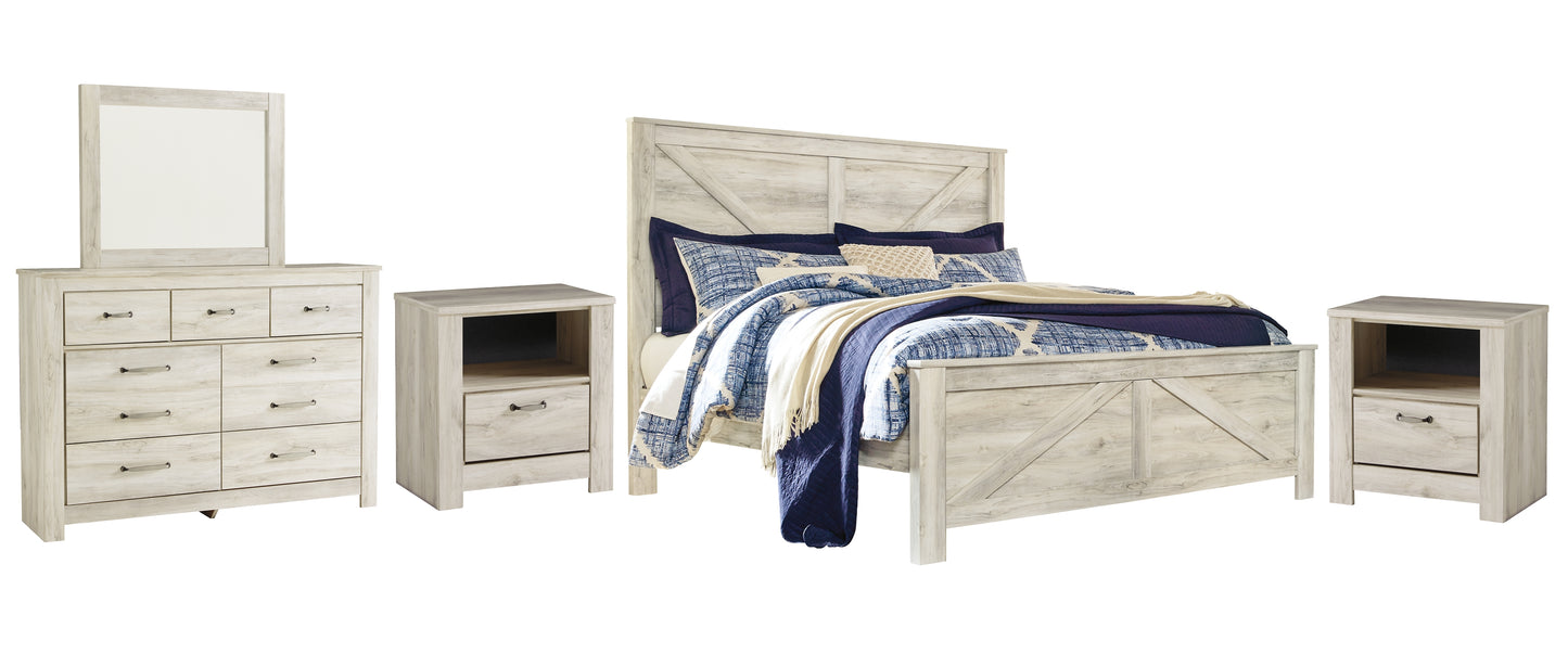 Bellaby Queen Crossbuck Panel Bed with Mirrored Dresser and 2 Nightstands