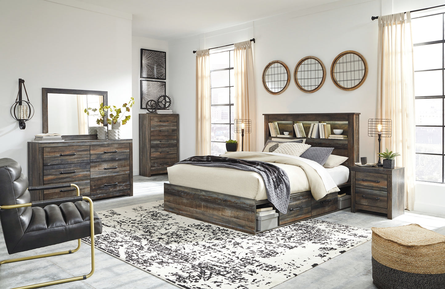 Drystan Queen Bookcase Bed with 2 Storage Drawers with Mirrored Dresser, Chest and 2 Nightstands