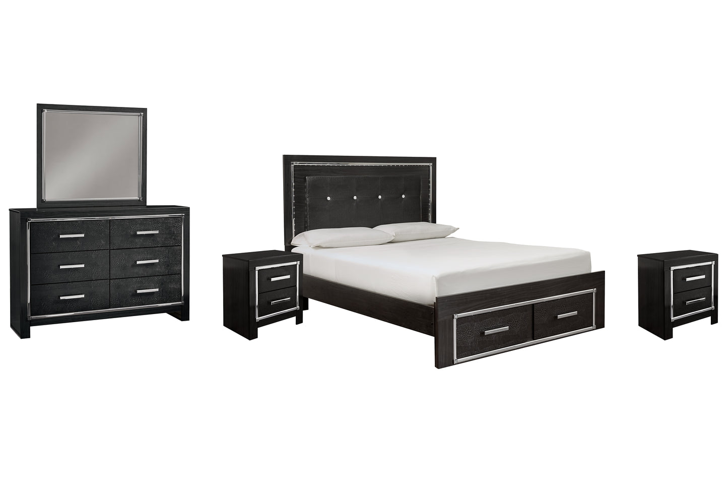 Kaydell Queen Panel Bed with Storage with Mirrored Dresser and 2 Nightstands