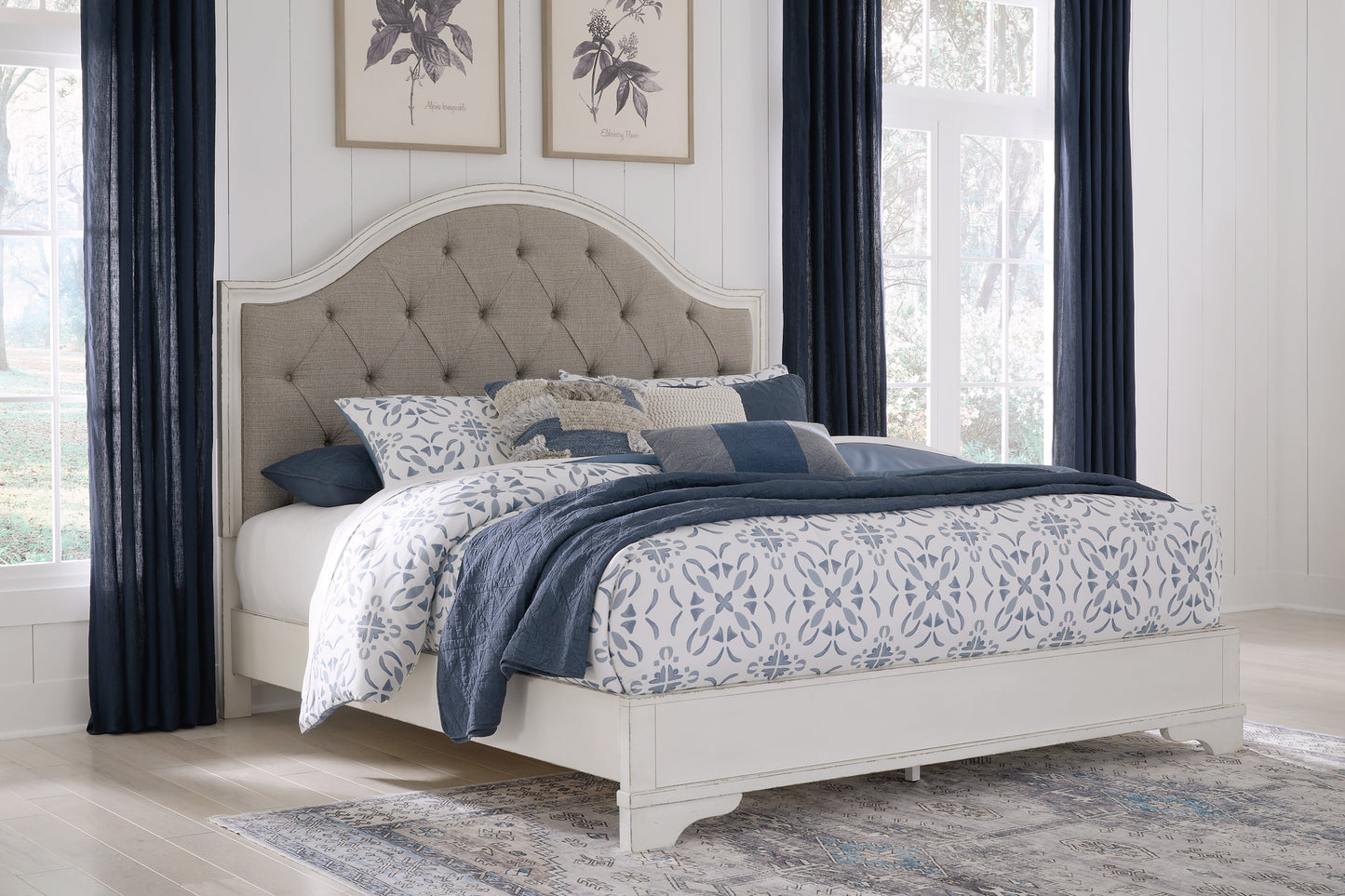 Brollyn King Upholstered Panel Bed with Mirrored Dresser, Chest and 2 Nightstands