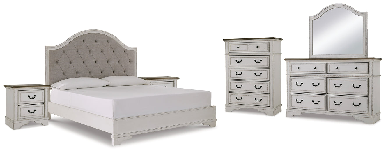 Brollyn California King Upholstered Panel Bed with Mirrored Dresser, Chest and 2 Nightstands