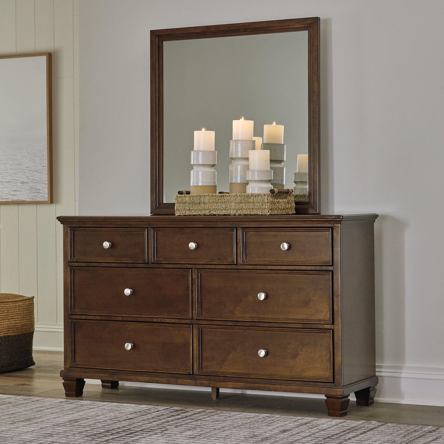 Danabrin Queen Panel Bed with Mirrored Dresser, Chest and 2 Nightstands