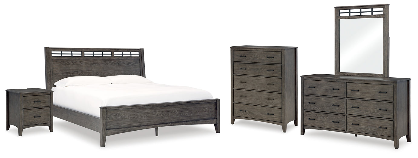 Montillan California King Panel Bed with Mirrored Dresser, Chest and Nightstand